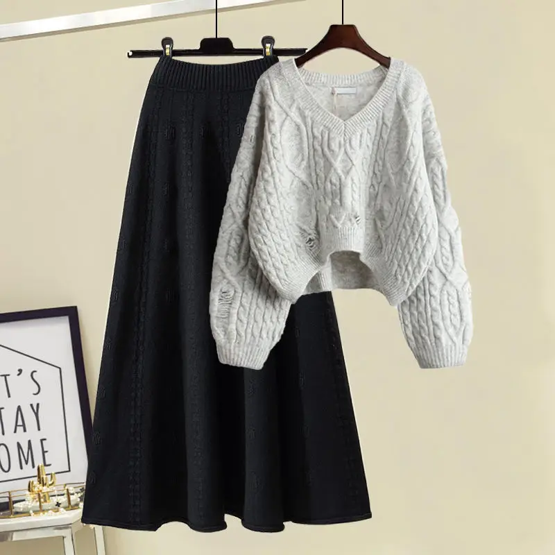 

Autumn Women's Knitting Costume Solid Color Pullover Sweater + Elatic Waist Skirt Two-Piece Set