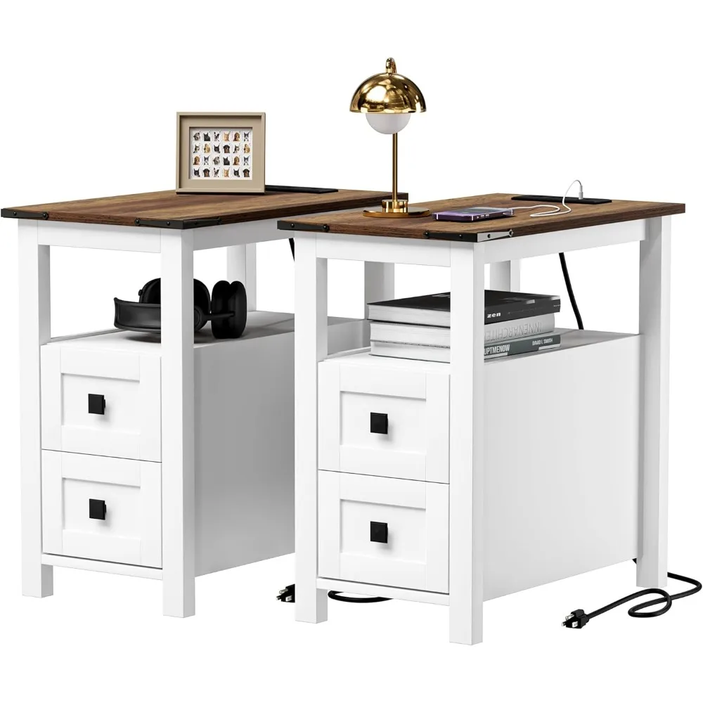 Meja Nakas Gaya Pedesaan dengan Stasiun Pengisian Daya dan Dua Laci, Meja Samping Tempat Tidur Model Pintu Gudang dengan Rak, Meja Samping Bergaya Pedesaan