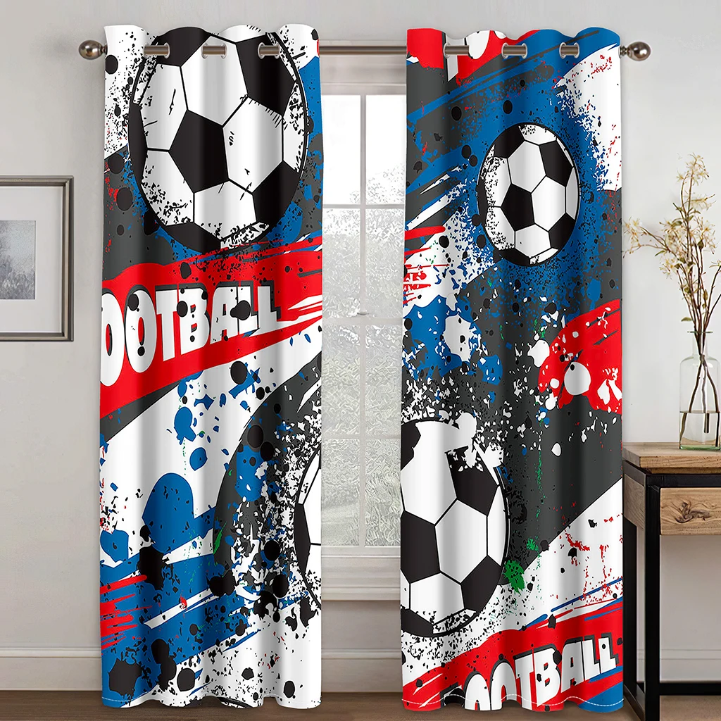 2 Pcs Soccer Pattern Curtains Colorful Graffiti Print Living Room Bedroom Study Sun Shade Curtains Sports Style Home Decoration