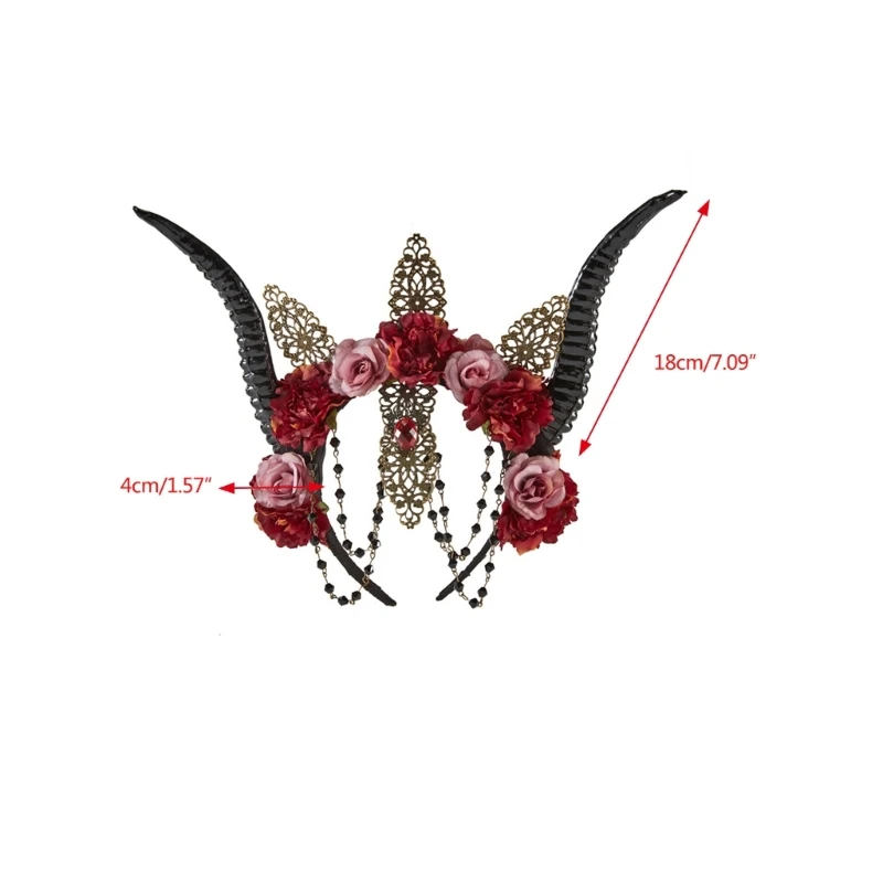 Bandeau gothique en corne mouton fleur Rose, couvre-chef du diable, coiffure d'halloween, couvre-chef fantaisie, pour