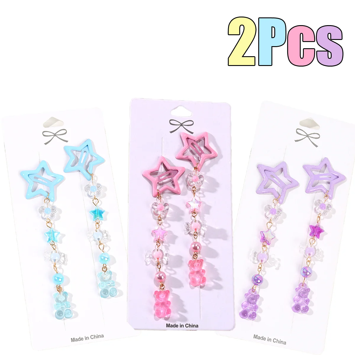 2Pcs Y2k Star Hair Clip Sweet Mini Flower Candy Plastic Bear Crystal Pendant Hairpin Headwear For Girl Metal Barrette Accesories