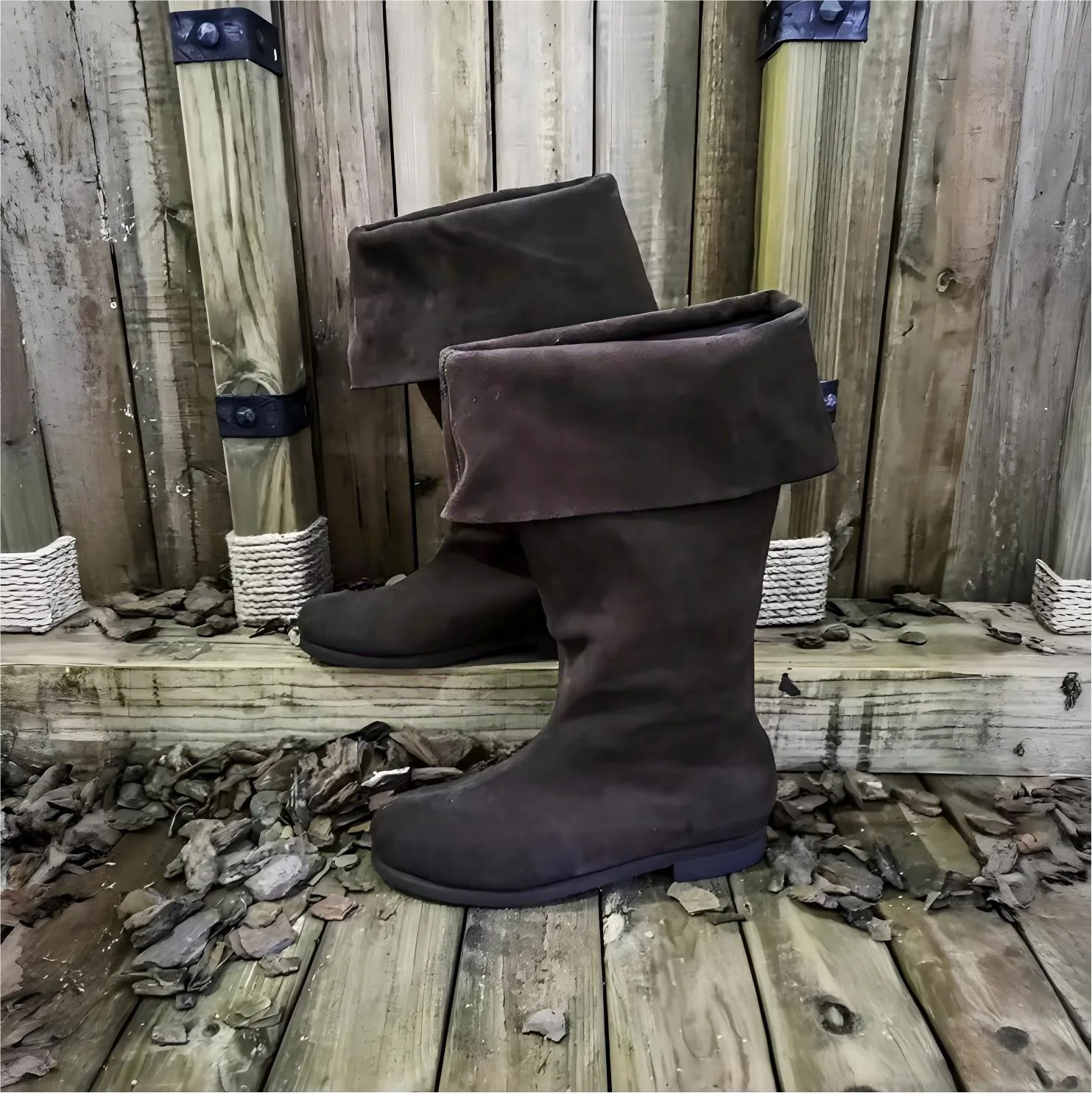 Mittelalterliche Renaissance-Klappstiefel bis zur Wadenmitte, flache Stiefel aus Retro-PU-Leder und Wildleder, Cosplay-Piraten-Halloween-Kriegerschuhe, Schuhwerk – Detail 2