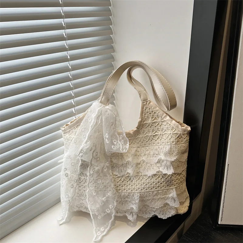 

2025 Summer Lace Tote Bag Spacious Woven Shoulder Purse Stylish Hollow Out Handbag for Women College