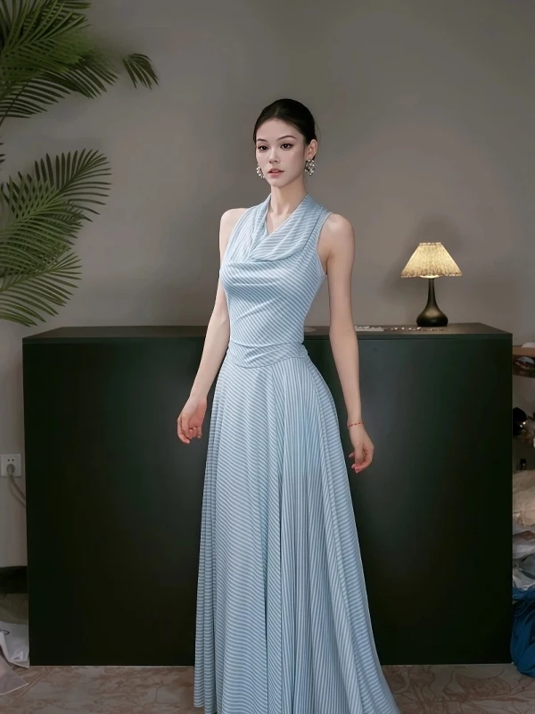 Instunning Blue Striped Ne Hanging Svel Long Dr Women's New Sle Classy Vest Dr French Sle Waist Cinched Sum...