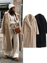 HH Vintage Teddy Long Coat Women Autumn Winter Lapel Chic Long Sleeve Double Breasted Big Jacket Woman Street Blend Overcoat