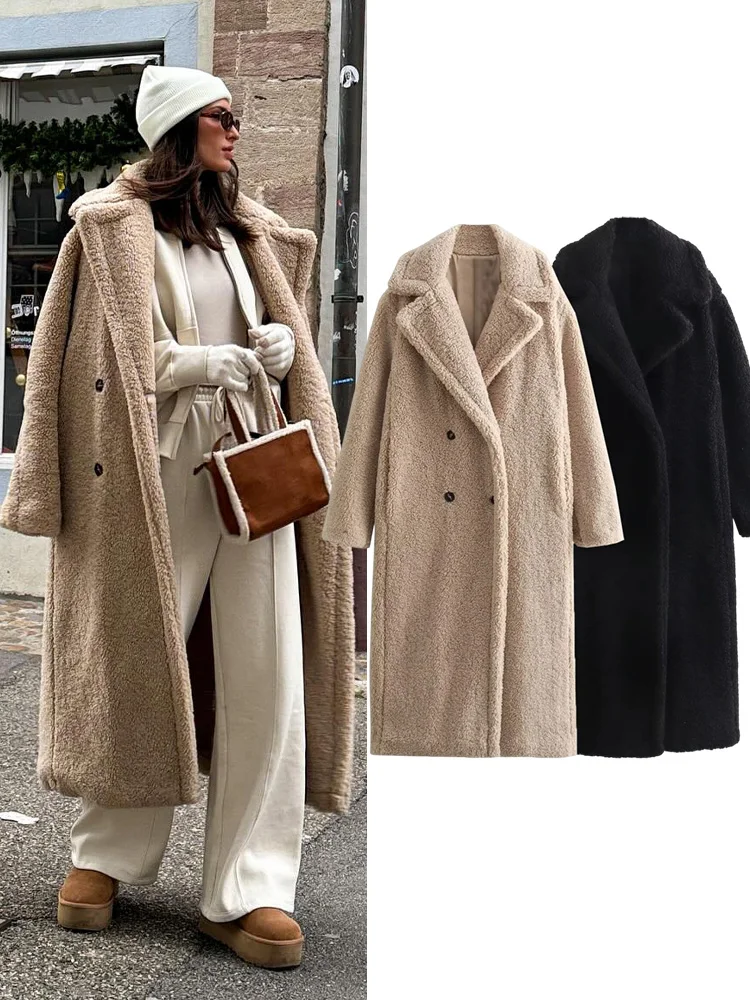 HH Vintage Teddy Long Coat Women Autumn Winter Lapel Chic Long Sleeve Double Breasted Big Jacket Woman Street Blend Overcoat