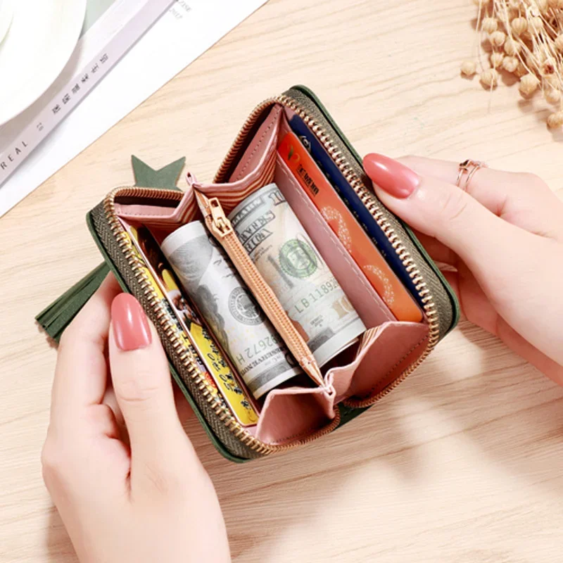 Korean Style Wallet Flower Women\'s Coin Wallet Short Zipper Small Tassel Heart Mini Coin Purse Female Clutch Card Holder Bags