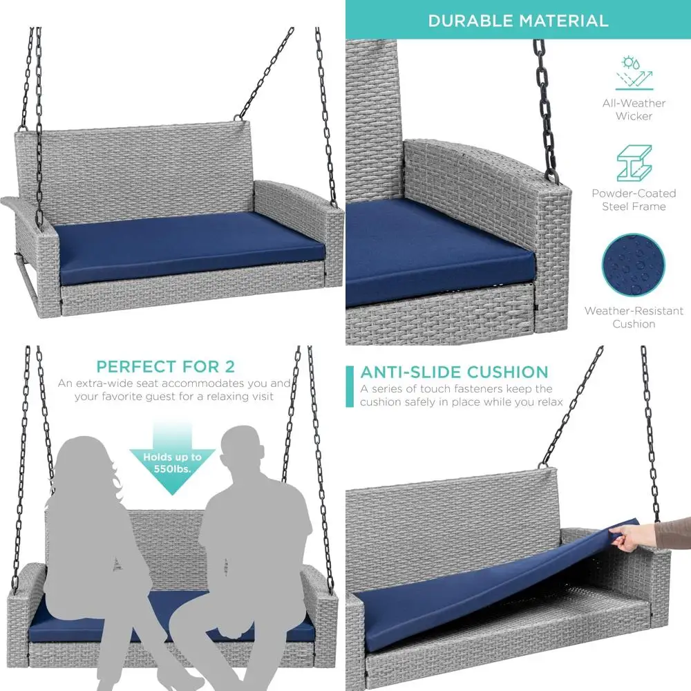 

Best Choice Products Woven Wicker Outdoor Porch Swing, Hanging Patio Bench for Deck, Garden w/Mounting Chains, Seat Cushion - Gr