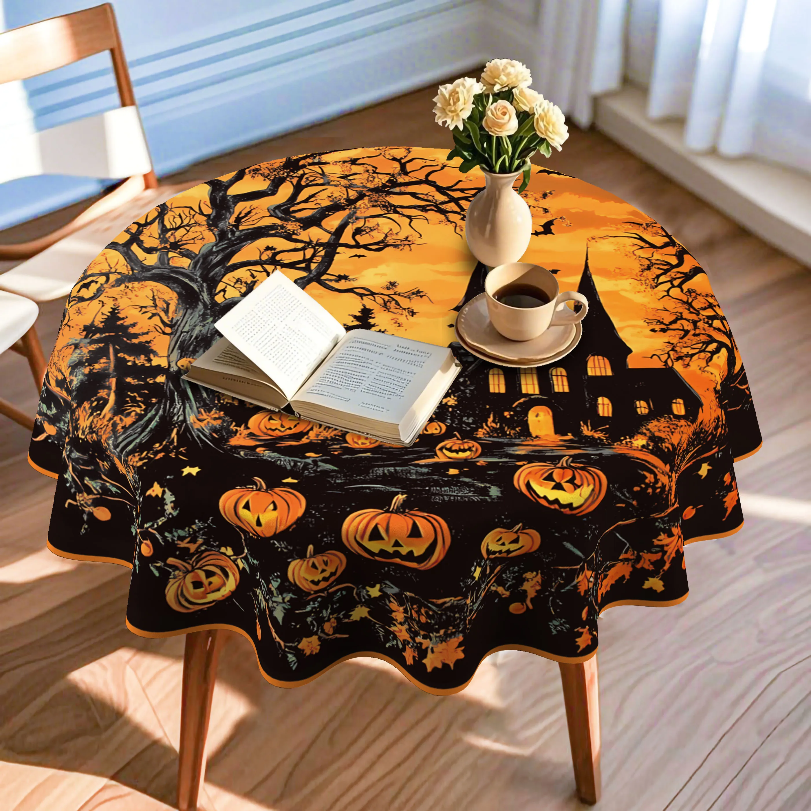 1 round Halloween tablecloth with haunted house, bat and jack-o-lantern motifs for festive table decorations