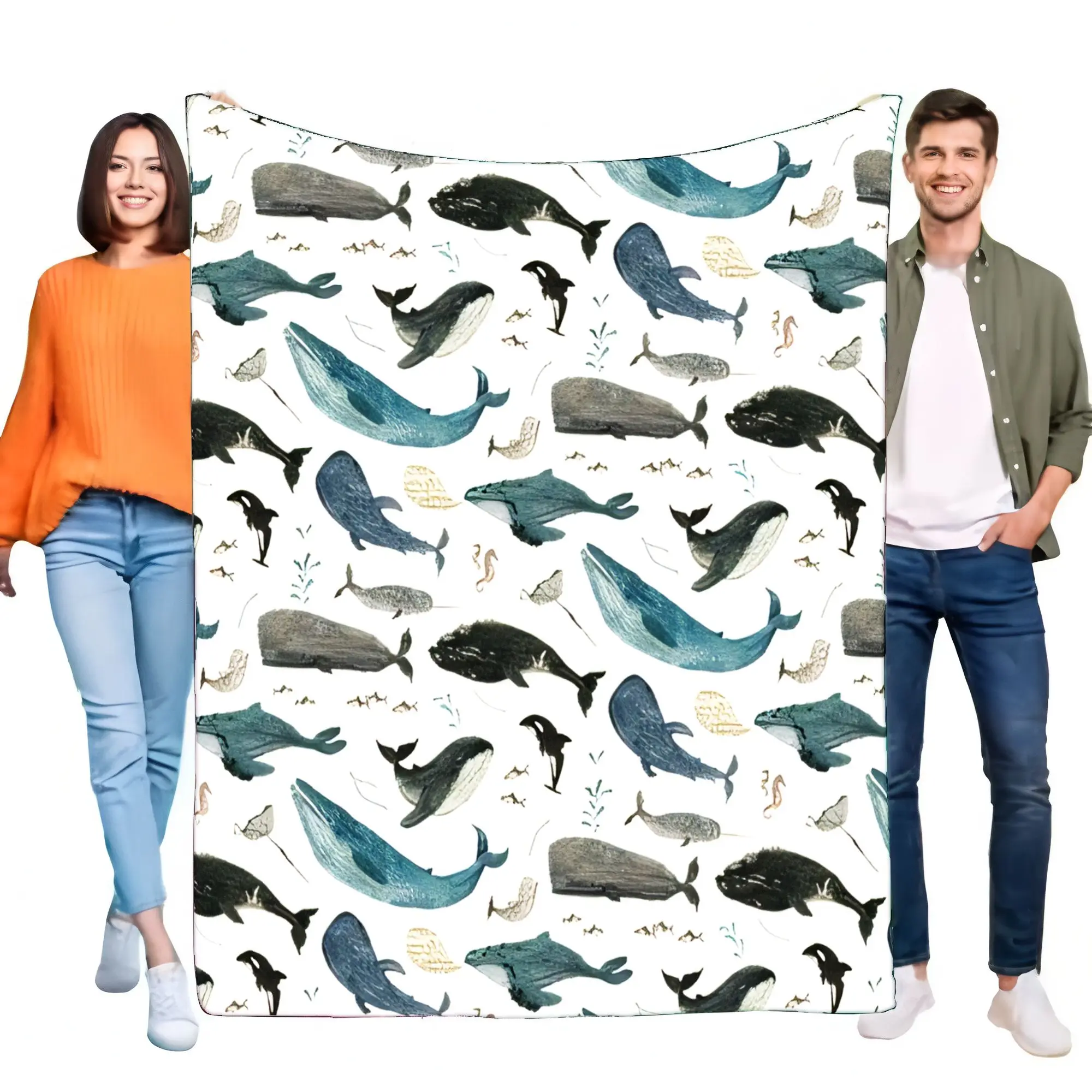 Soft Cozy Flannel Whale Blanket, Artistic Watercolor Ocean Marine Life Throw, Blue Whales & Orcas Print Bed Sofa Home Decor Gift