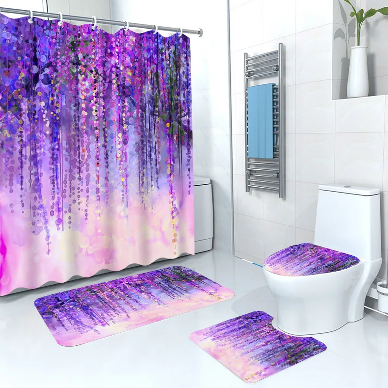 

Flower Shower Curtain Set Abstract Floral Blossoms Florets Shrubs Drawing Bathroom Waterproof Fabric Home Decor