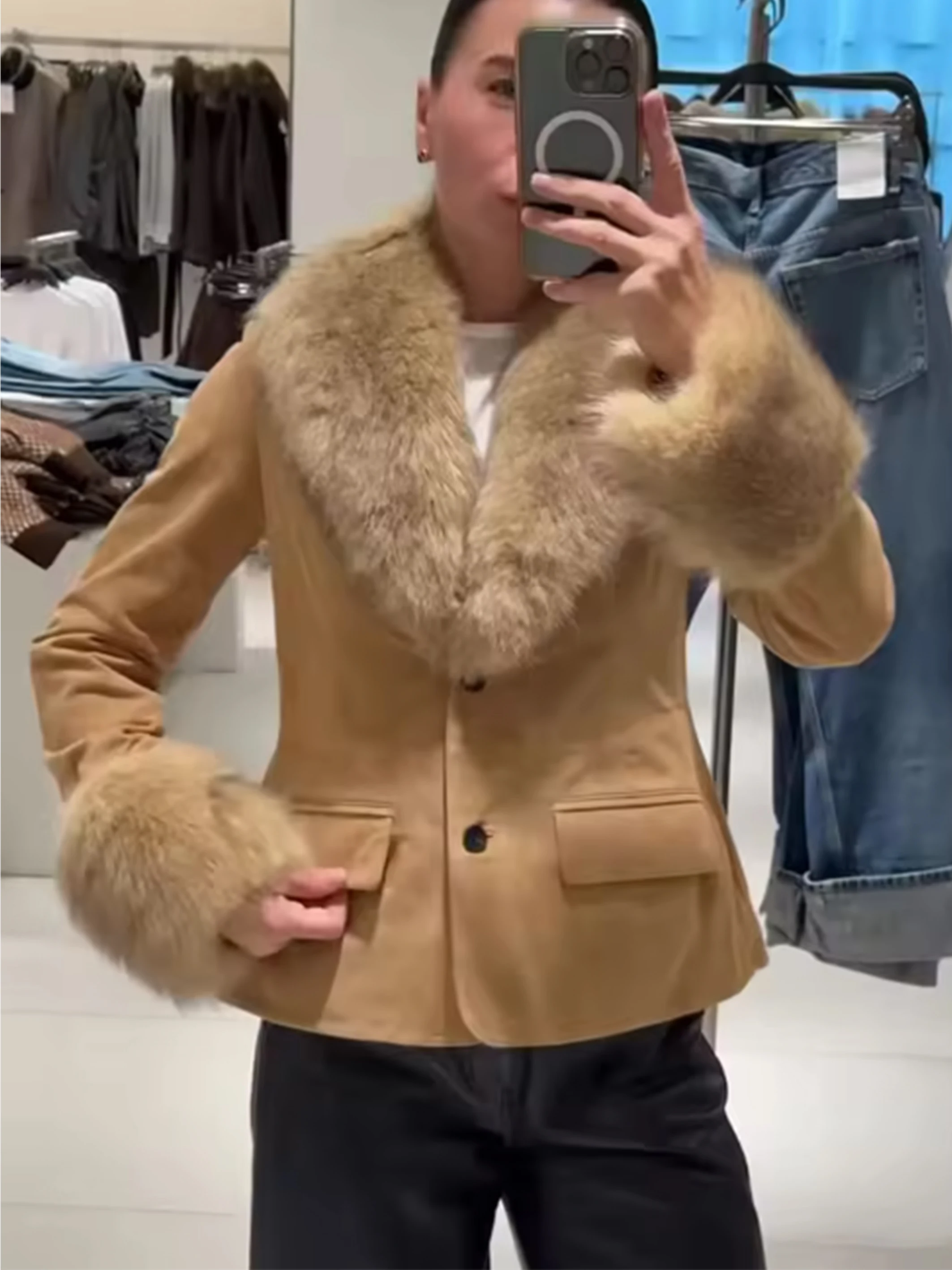 

Women New Faux Fur Patchwork Jacket Women Solid Long Sleeve Button Pocket Female Fashion Coat Autumn Winter Casual Lady Outwear