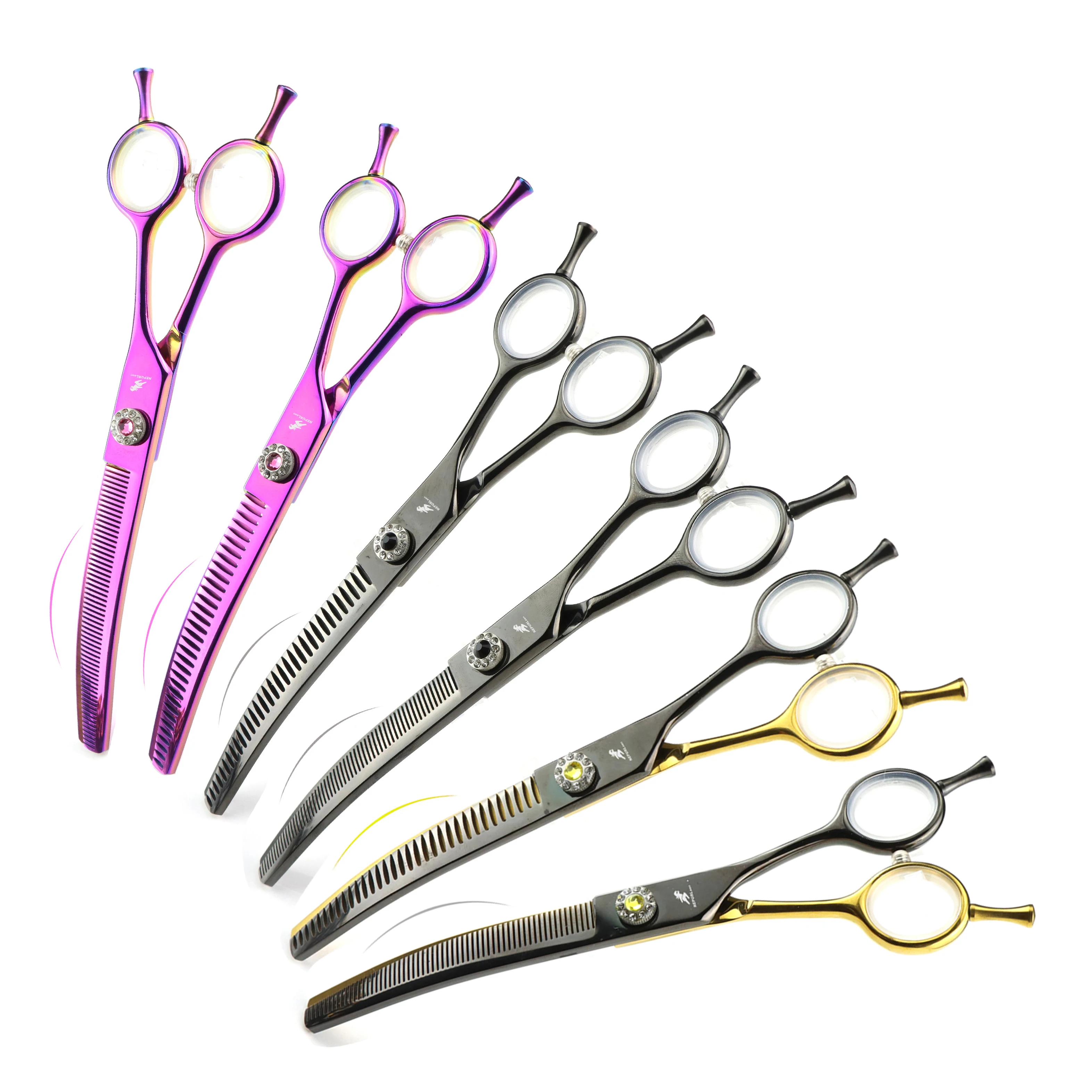 

Dog Grooming Scissors Professional Pink 7” Japan 440C Dog Curved Thinning Scissors Curved Chunker Shear Pet Hair Scissors 11#