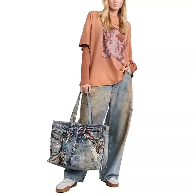 

Denim-patch Tote Bag Women Double Top Handles Printed Design Luxury Brand Shoulder Bag High Quality Large Capacity Female Bags