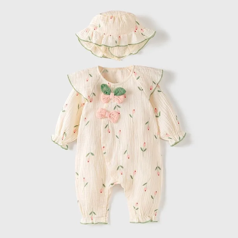 

Cute Princess Baby Romper With Hat Floral Jumpsuit Long Sleeve Outfit Soft Cotton Gauze Breathable Autumn Adorable Girls Clothes