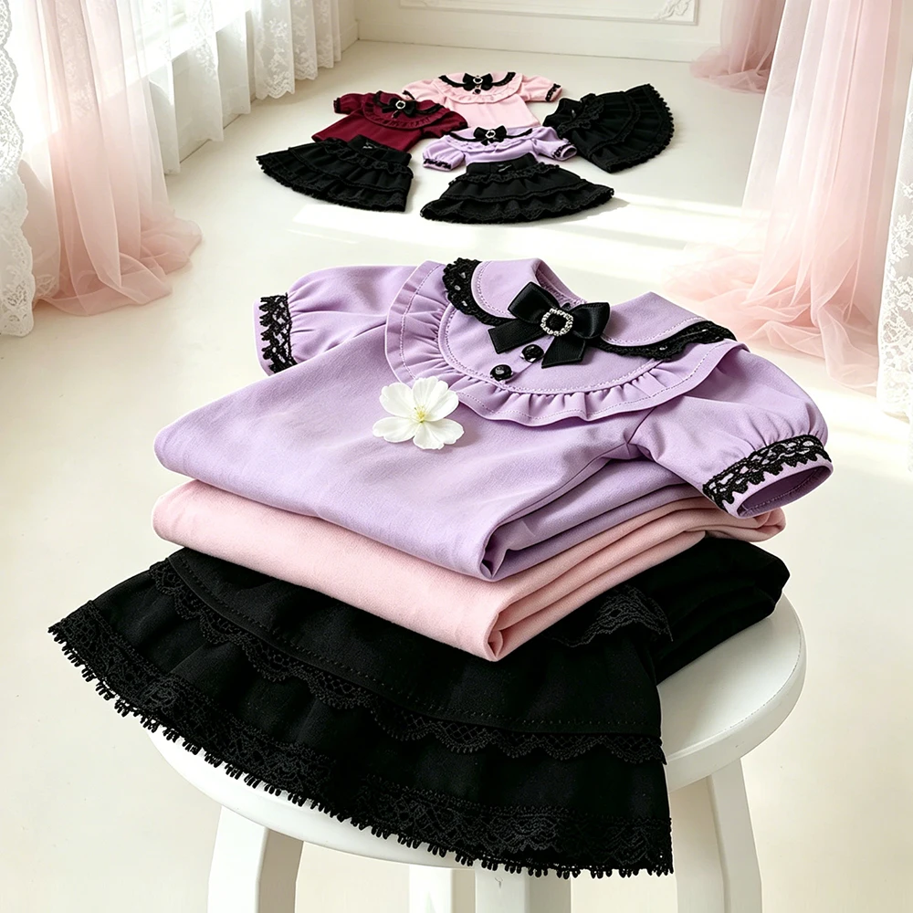 Doll Clothes Outfit Lolita Lace Kawaii Gothic Vintage Bow Shirt Tiered Skirt Set for Blyth OB24 YMY Licca Azone Doll Accessories