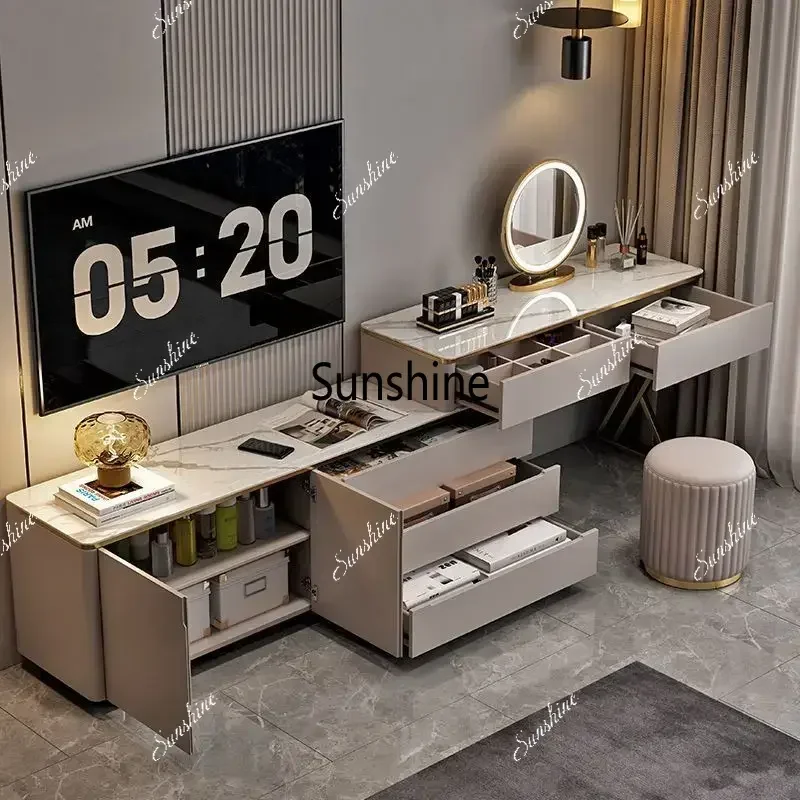 YSolid wood rock slab simple modern dresser bedroom TV cabinet chest integrated telescopic makeup table storage cabinet