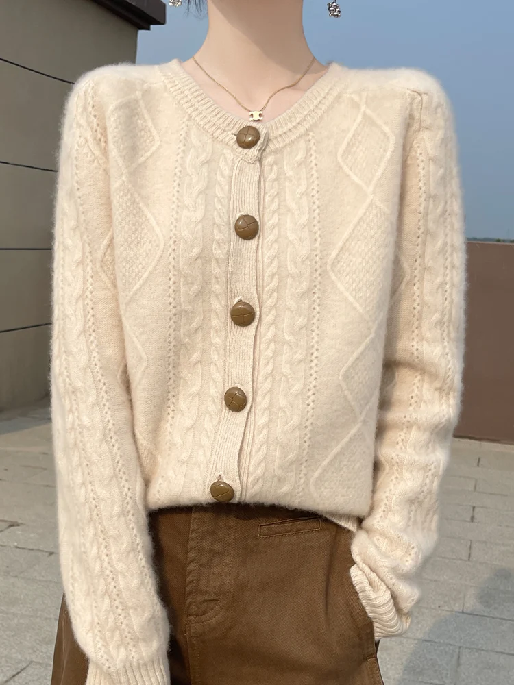 

Women's Solid Cable Stitch O-Neck 100% Merino Wool Knitted Sweater Autumn Winter Warm Soft Cardigan Long Sleeve Clothing Tops