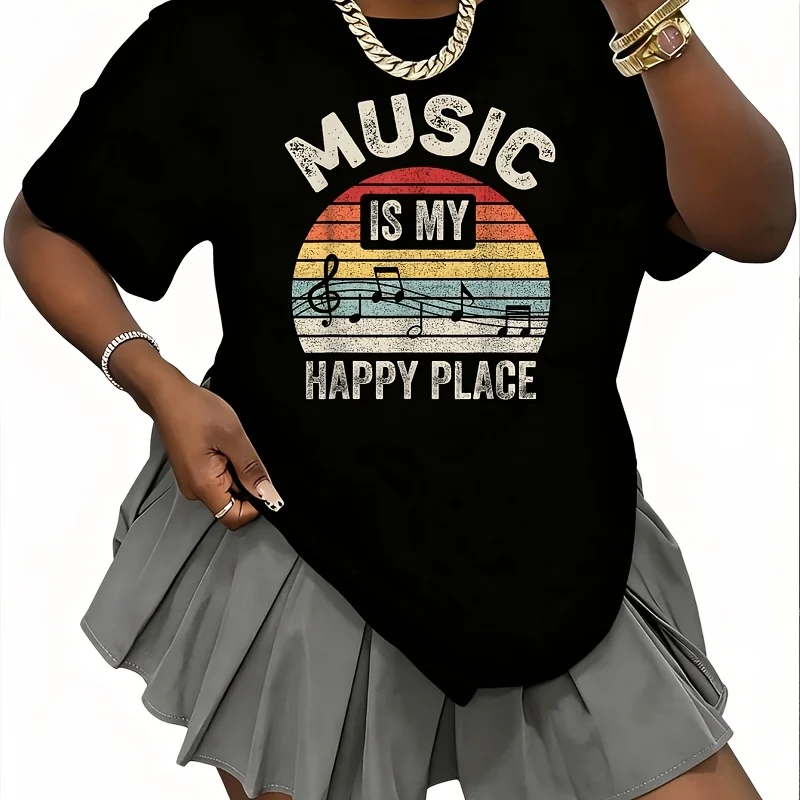 Vintage Retro Music Is My Happy Place Inspiring Music Women's 100% Cotton T-Shirt Fun Print Short Sleeve Top Casual Round Neck Tee S-5Xl