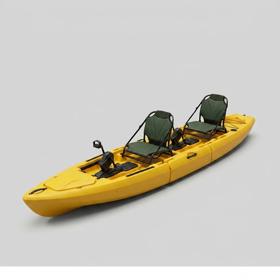 Modular Tandem Kayak, Two Seater Sectional Hull, Propeller Pedal Drive System, Yellow HDPE Plastic, for Lake River Ocean Fishing