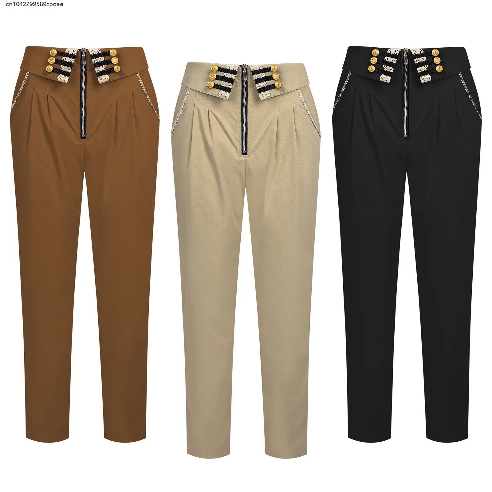 Royal Renaissance Court Straight Leg Trousers Stylish Gold Button Decor High Waist Pleated Design Vintage Noble Cosplay Pants