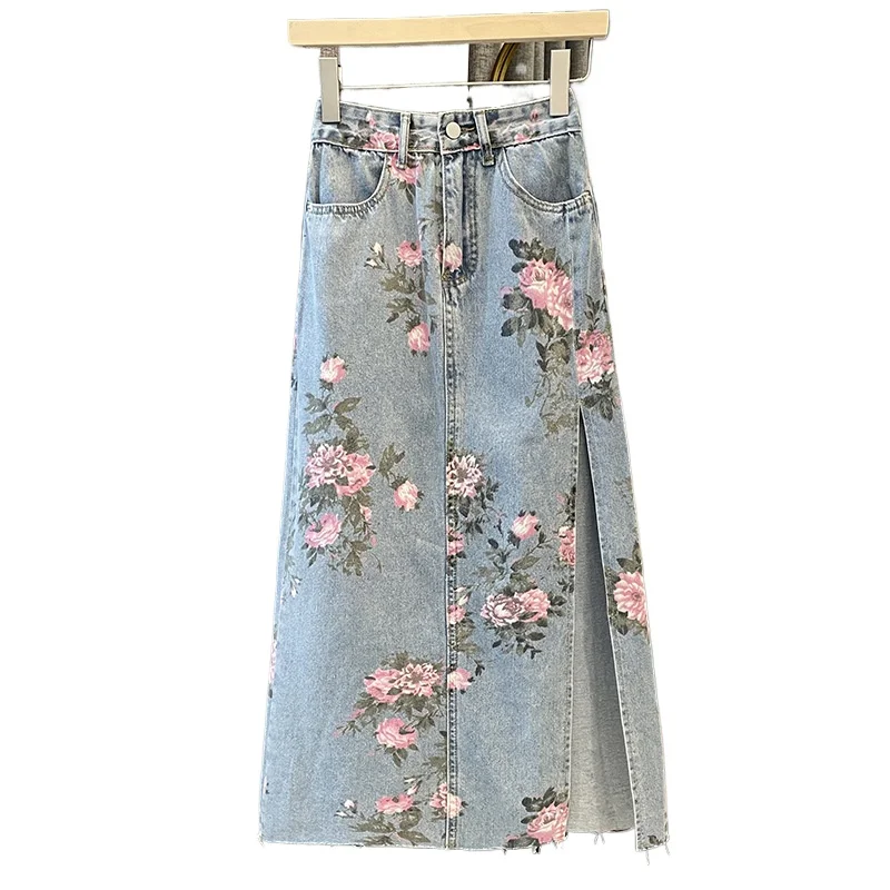 

Spring Summer New Retro Versatile and Thin Split-ended Denim Print Skirt Women's Large Size Hip-wrapped Medium and Long Skirt