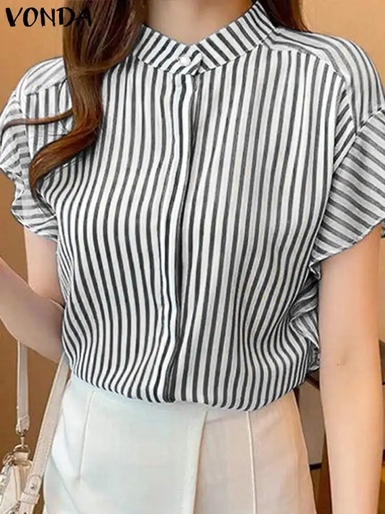 VONDA holgada-Blusa de manga corta para verano, camisa elegante a rayas con volantes, botones estampados, 2024