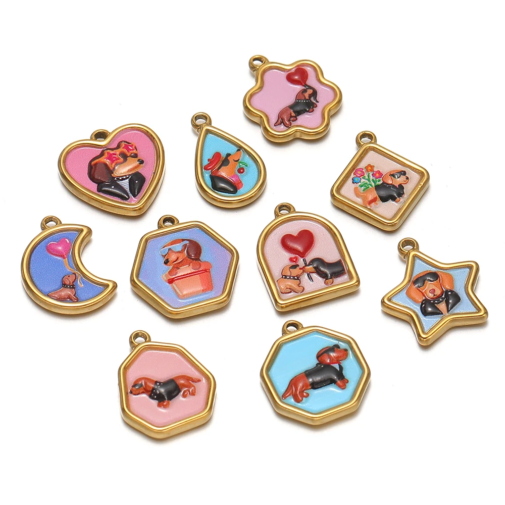 4 Stück Edelstahl-Emaille-Anhänger mit Cartoon-Hunden-Motiv für DIY-Schmuckherstellung, Anhänger für Paare, Halsketten, Armbänder und Ohrringe für Kinder – Detail 3