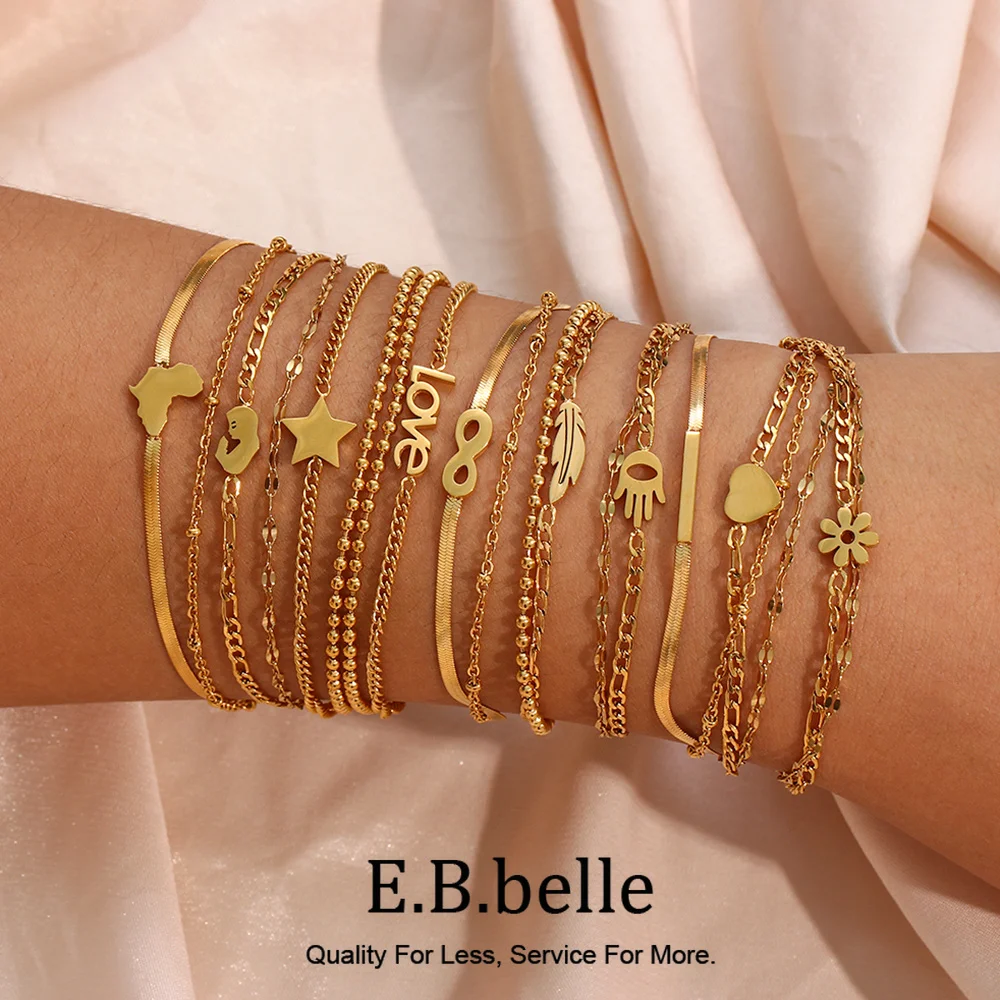 E.B.belle 2024 Popular Wholesale Stainless Steel Double Layer 18K Gold Plated Bracelets For Women Flower Love Heart Bracelet