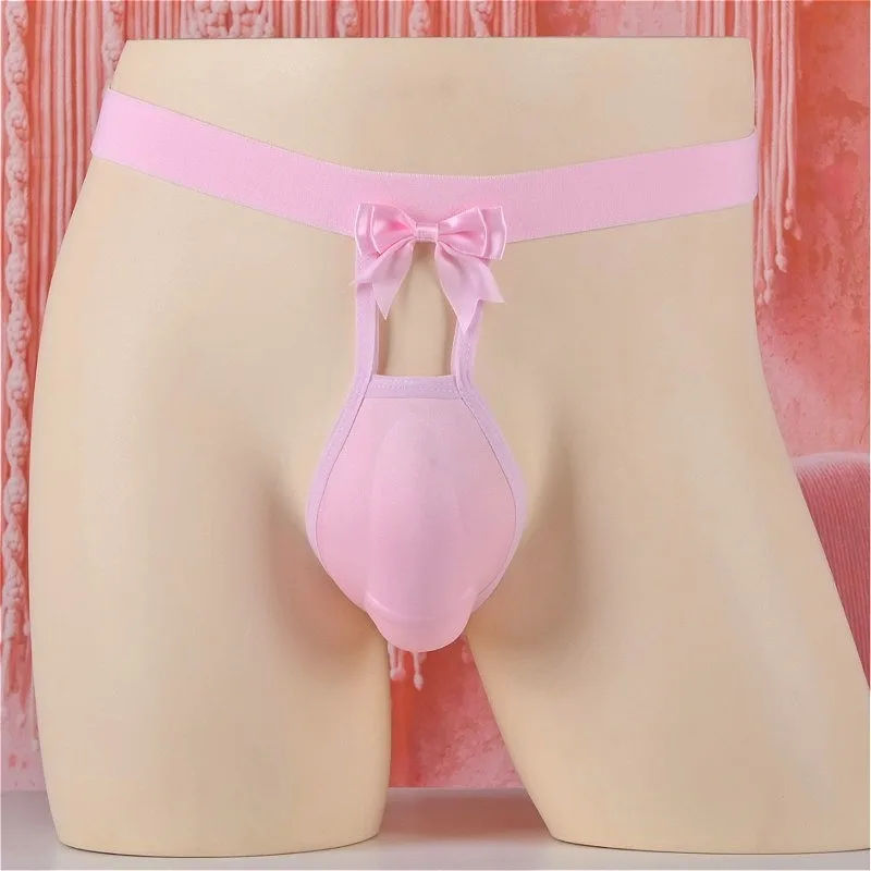 2026 Bow-knot Hollow Out Mens G-Strings & Thongs Cover Penis Elastic Pink Man 3D Convex Pouch Panties Hombre Male Lingerie Tanga