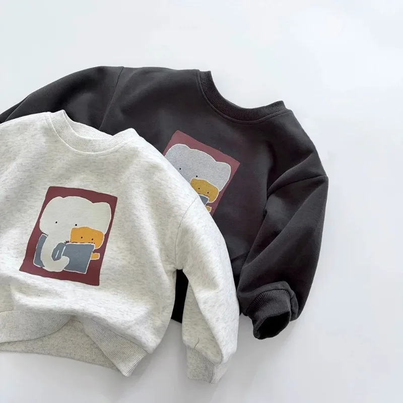 2026 Winter New Children Plus Velvet Thick Sweatshirt Boys Girls Cartoon Sweatshirt Kids Fleece Tops Baby Warm Pullover