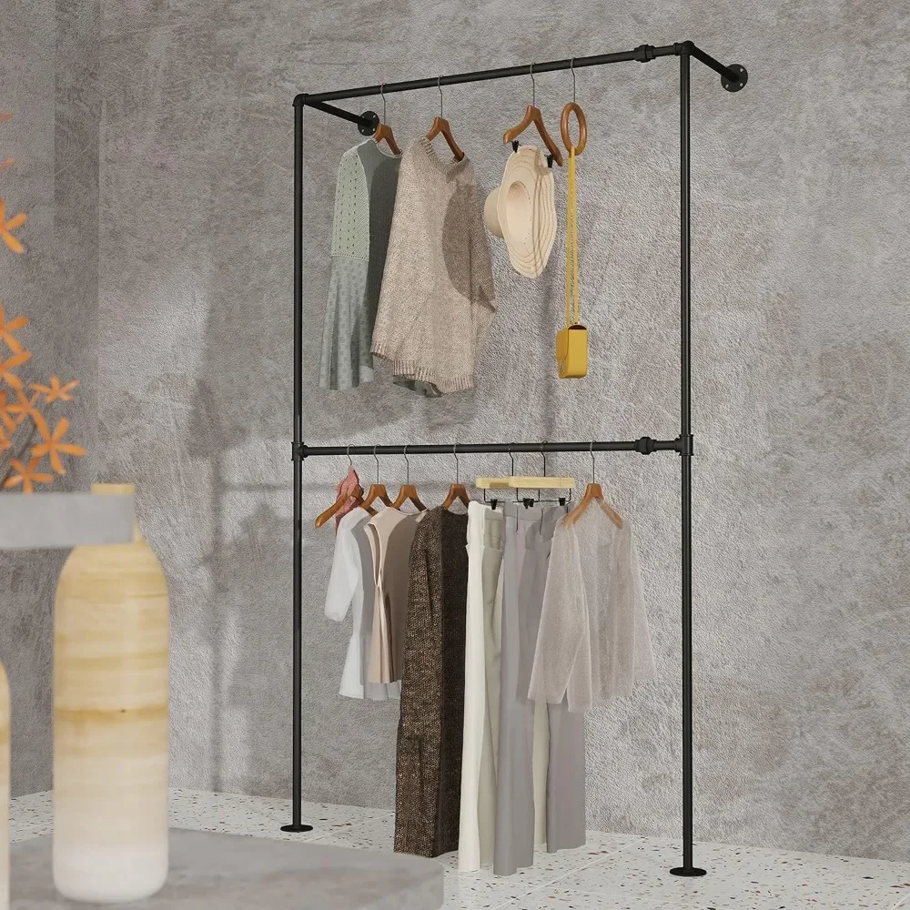 Industrial Pipe Clothing Rack Wall Mounted, Metal Clothes Racks for Hanging Clothes, Display Cloths Rack, 2 Tier Deluxe Design