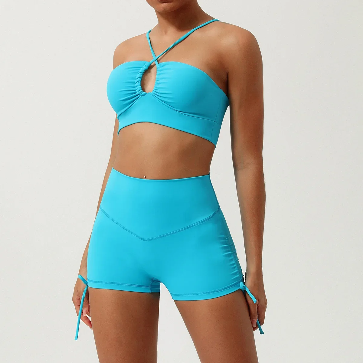 Conjunto de 2 piezas de Yoga, pantalones cortos de gimnasio, ropa de mujer, sujetadores deportivos calados, Tops de entrenamiento para mujer, ropa deportiva, pantalones cortos deportivos para Fitness, conjunto de gimnasio