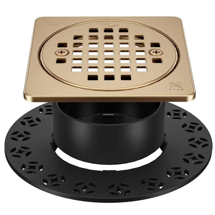 

Душевой трап с решеткой (дюймовая система) цвета шампань-бронза с фланцем из АБС-пластика, совместимый с фланцем для душевого трапа Schluter Kerdi, с регулировкой высоты C