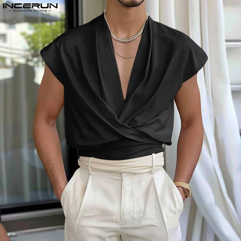 INCERUN Men Tank Tops Solid Color V Neck Pleated Sleeveless Casual Vests Streetwear Lace Up Summer Fashion Men Clothing S-5XL