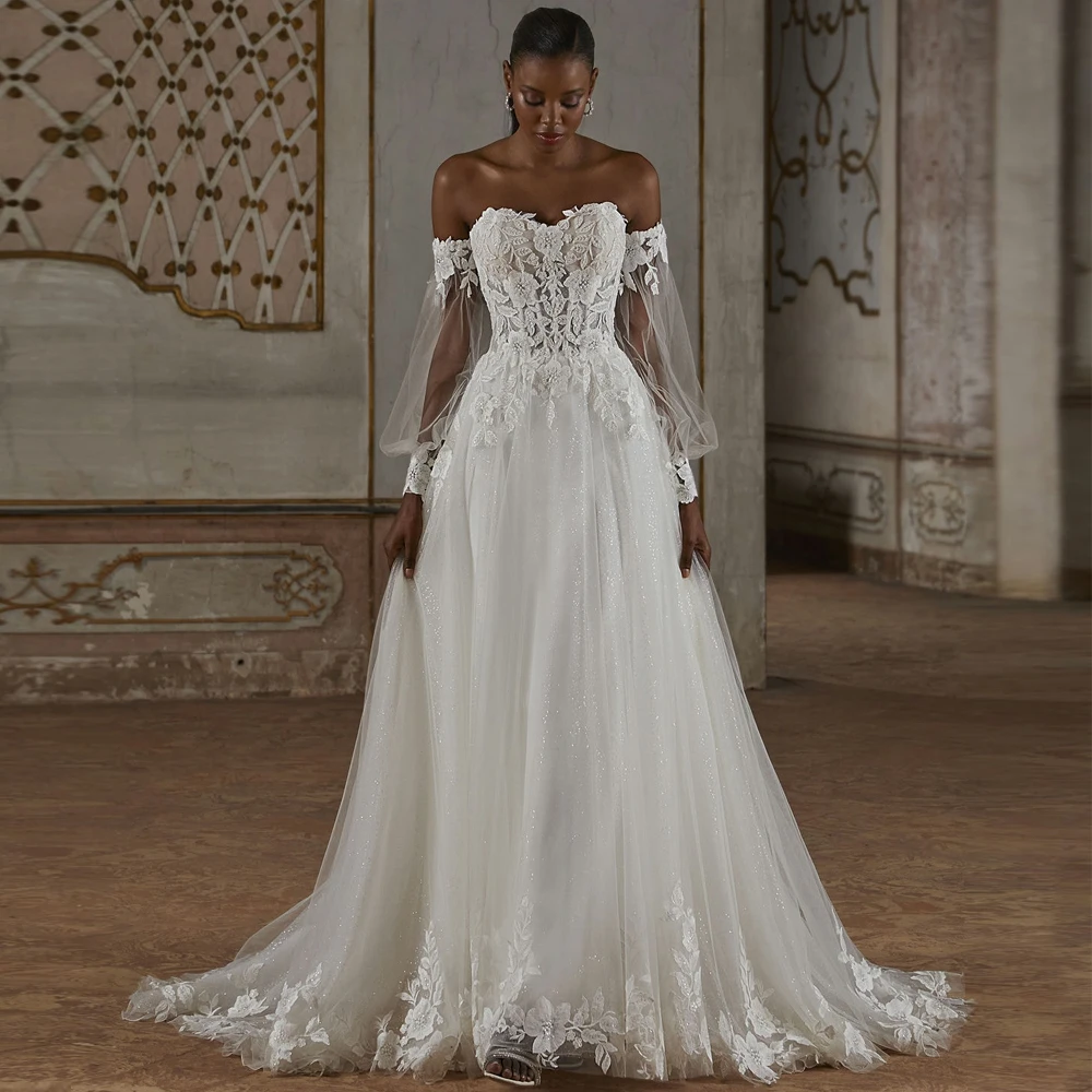 

Customized Wedding Dresses A Line Strapless Bridal Growns Detachable Sleeves Applique Lace Open Back Zipper Vestido de novia