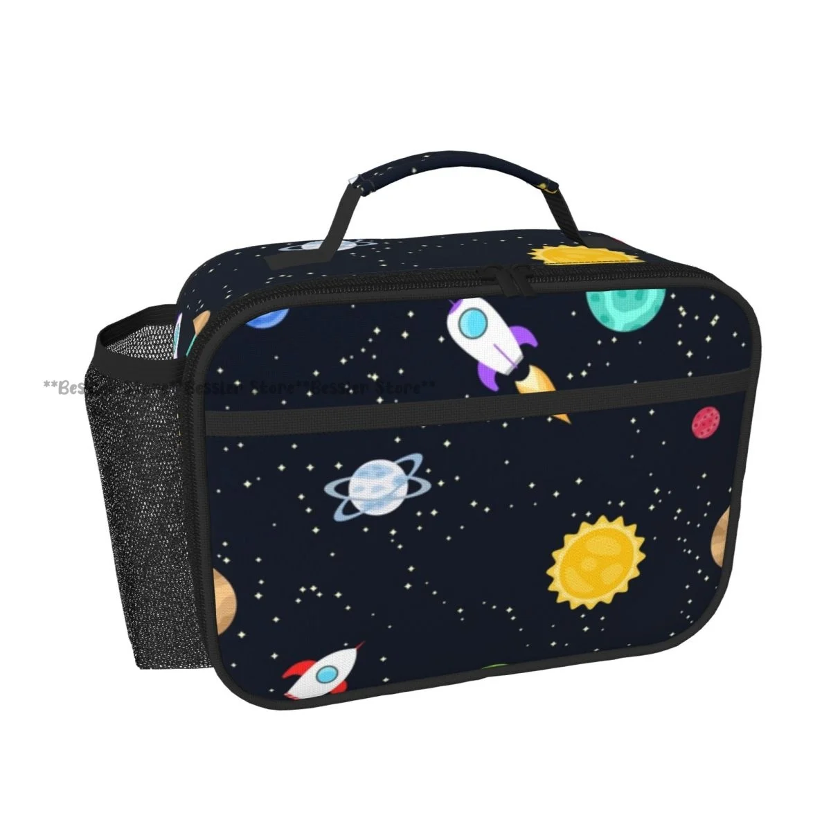 Space Planets Spaceship Tote Lunch Bag Insulated Cooler Bag Easy Clean Food Handbag for Daily Travel Picnic