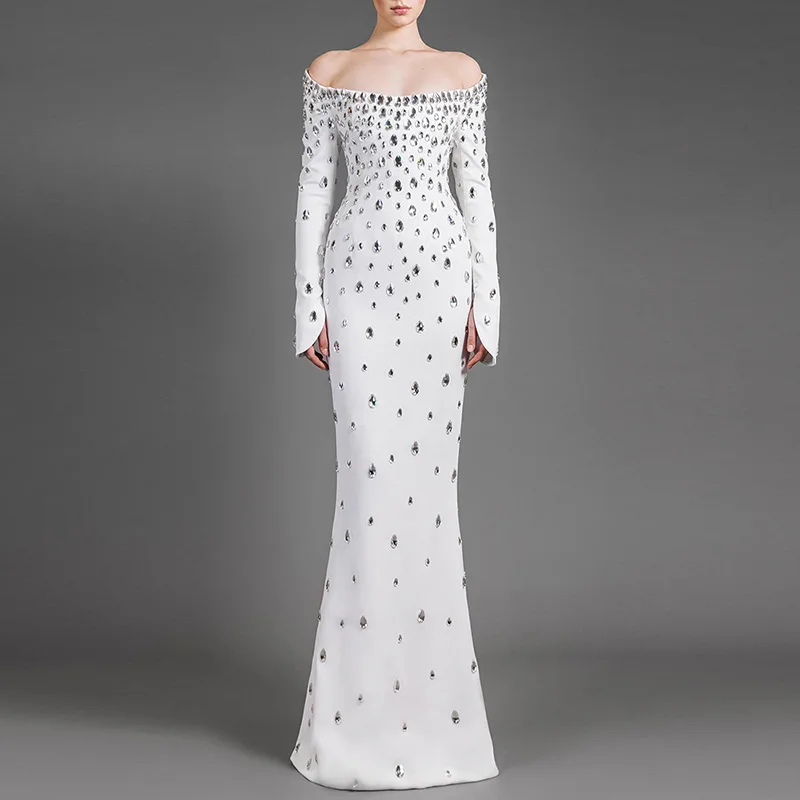 

JDY Custom Women's White Off - Shoulder Long Sleeve Maxi Dress with Rhinestone Embellishments - Elegant Mermaid Evening Party Go