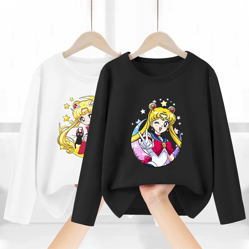 Sailor Moons Girl Black White Long Sleeve T-Shirt Anime Cartoon Tees Kids O-Neck Thin Tops Toddler Kawaii Clothes Christmas Gift