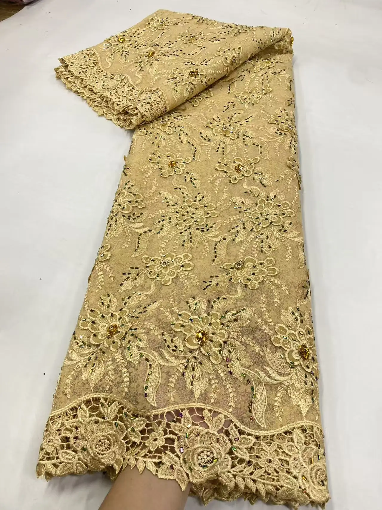 2025 High-Quality Nigerian Tulle Lace Fabric for Wedding Dress Embroidery Stone Party Guipure Chiffon Sewing 5Yary Dress Hm207-1