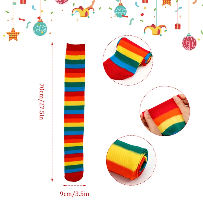 Adult Women Girls Halloween Costumes Clown Cosplay Accessories Stockings Socks Bow Tie Gloves Strap Clown Rainbow Color Print