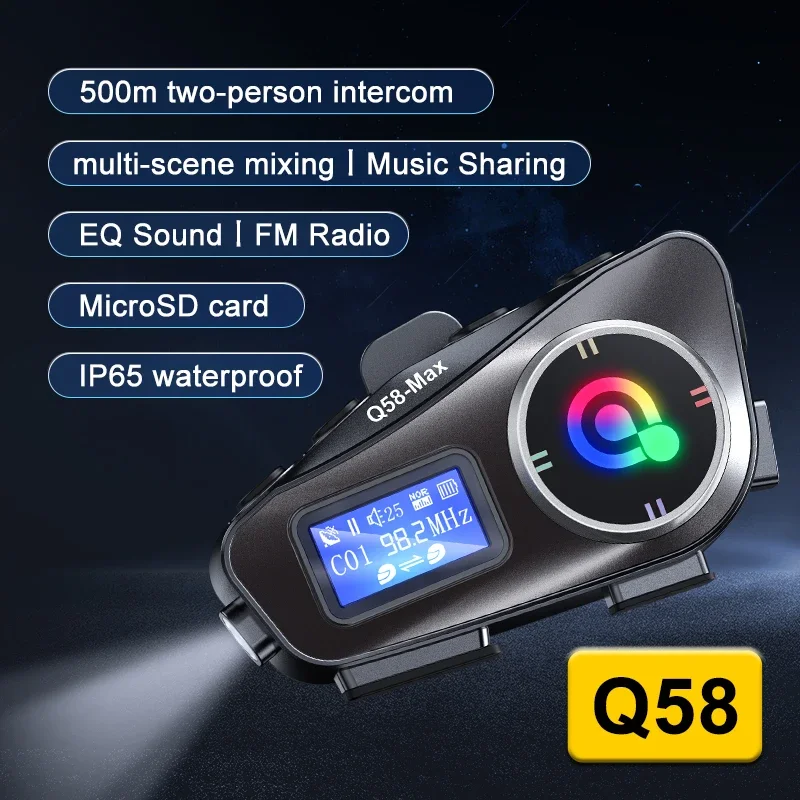 Q58-MAX Motorcycle Helmet Intercom Bluetooth 5.3 Interphone 500M IP65 Waterproof Moto Intercom with Music Sharing LCD Display