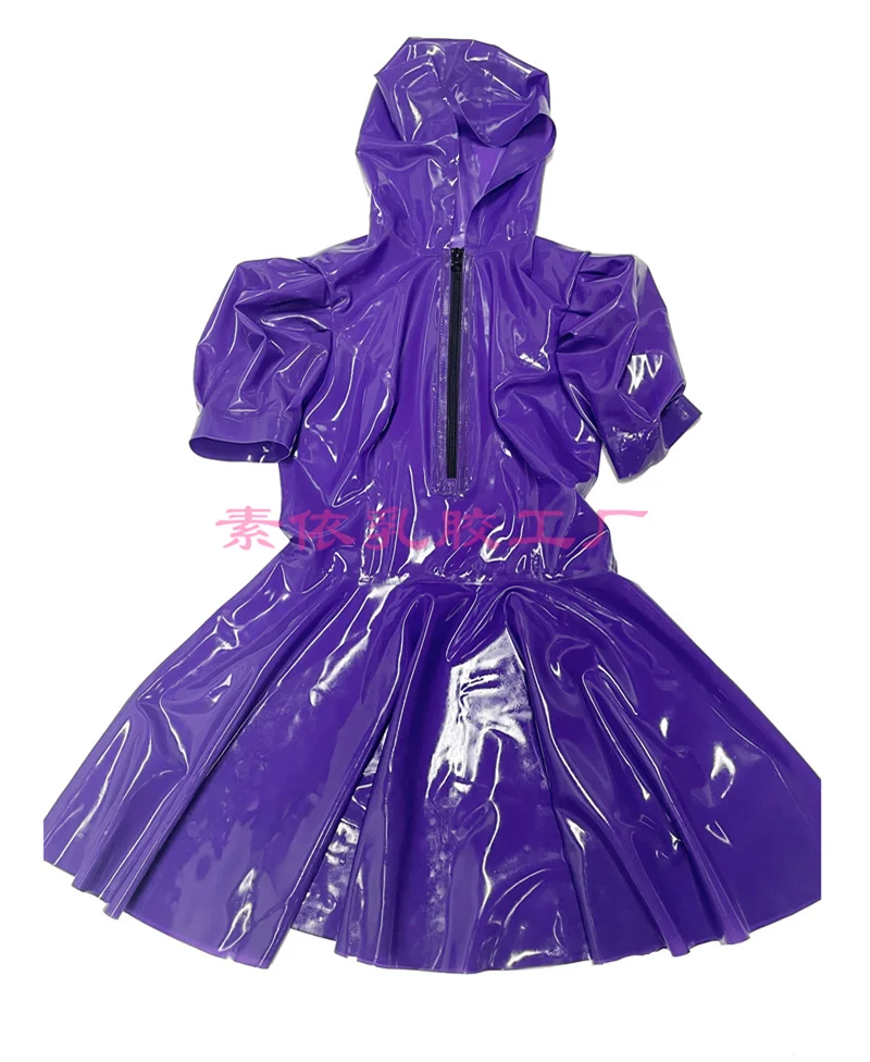 

547 latex Gummi dress kig women Puff Sleeve with hat front zip custom made 0.4