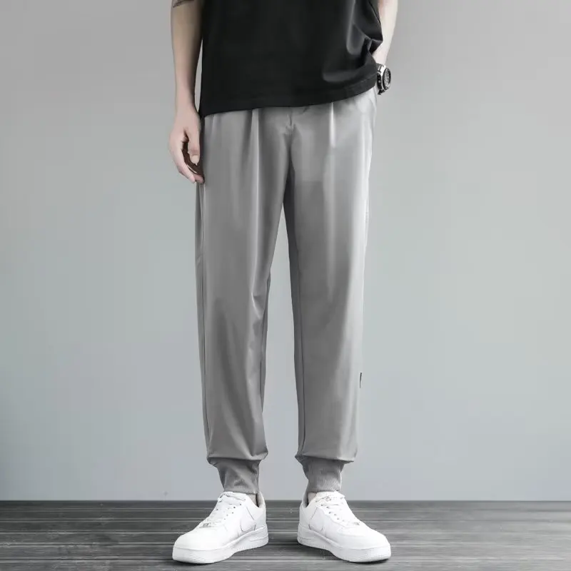 Qui Dry Ice Silk Men's Sport Pants Loose Casual Loose Cuffed plus Size Summer Straight Leg Anti Wrinkle Polyester Fiber
