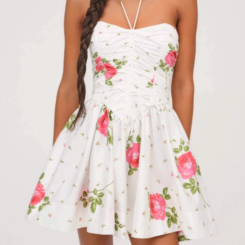 

Jastie Sexy Strapless Halter Floral Print Mini Dress Women Elegant A-line Holiday Summer Dresses Party Robe 2025