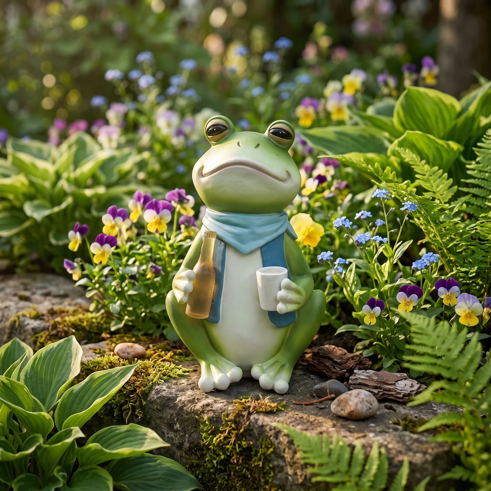 Frog Statue with Bottle Whimsical Resin Frog Statue Figurine Hand-Painted Weatherproof for Patio, Flower Bed