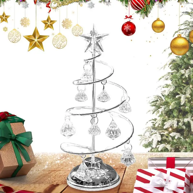 Crystal Light Up Christmas Tree Rotating Glitter Christmas Tree Desk Ornament Electroplating Iron Art Desk Ornament Lights For