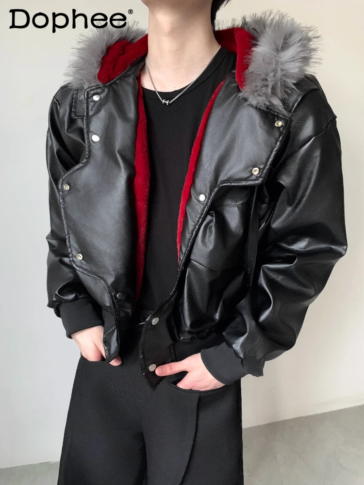 

Fashion Light Luxury Jackets 2025 Men's Autumn New High-End Hooded Long-Sleeve Warm Faux Leather Jacket Hoodies Loose Chic Tops