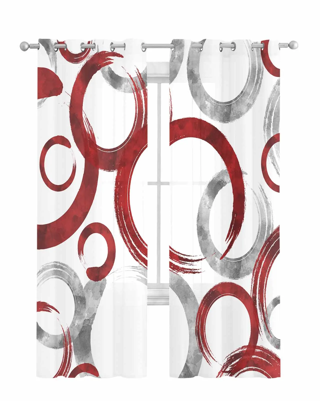 Geometric Paint Brush Circles Red Gray Tulle Curtains Living Room Sheer Window Treatments Voile Drapes with Grommets Home Decor