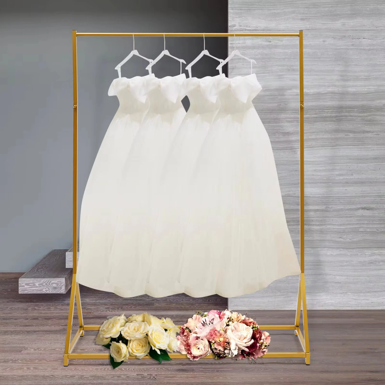 

Gold Iron Wedding Dress Bridal Garment Rack Stand Show Wedding Dress